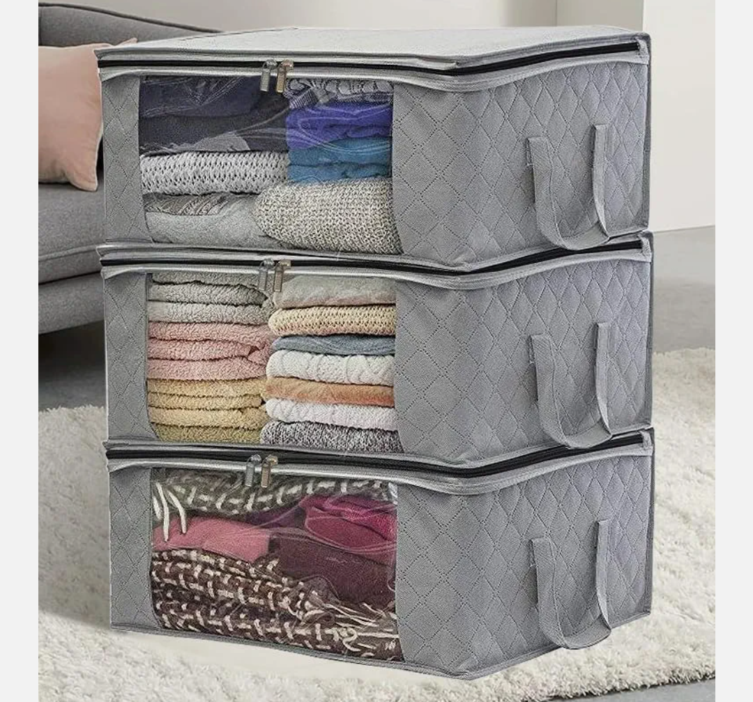 5 Pcs NEW Large Foldable Storage Bag Organizer with Reinforced Handle,Clear Window,Zipper Closure,Moving Bags and Storage Containers for Bedding,Comforters,Clothing,Grey