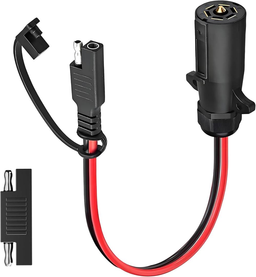 Groovely 7 Pin Power Interface,7 Blades Connected to 2 Pin SAE Interface,10AWG 1ft,7 Pin Circular RV-Style Trailer Plug Connection Cable,Suitable for Campers,Trucks,Air Compressors,Portable Coolers