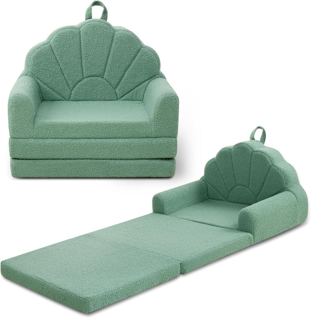 Airpanda Toddler Chair for Kids, 2-in-1 Soft Couches that Fold Out for Toddler, Convertible Baby Sofa to Lounger for Playroom with Cute Petal Design, Green
