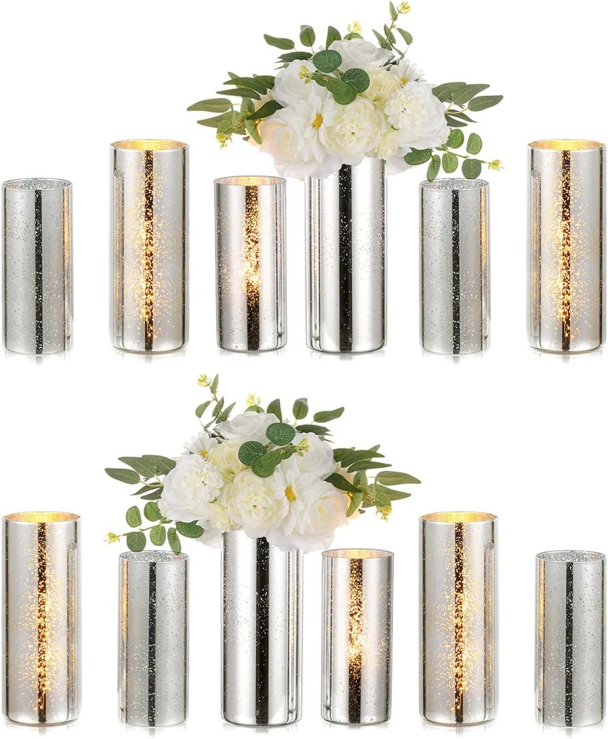 Glass Cylinder Vases Set of 12, Hewory Glittery Silver Vase for Centerpieces, Glass Hurricane Candle Holders for Pillar Floating Candle, Round Tall Vase for Wedding Anniversary Events Home Table Decor