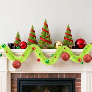 6 Feet Christmas Garland Decorations Xmas Lime Green Faux Fur Ribbon Trim with Red Green Balls Xmas Tree Winding Furry Stripe for Mantel Fireplace Decoration Indoor Outdoor Table Decor