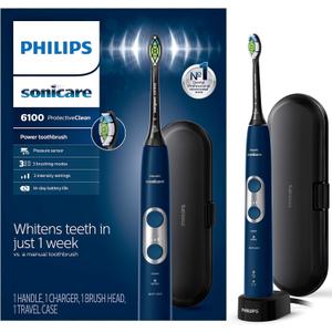 Philips Sonicare ProtectiveClean 6100 Rechargeable Electric Toothbrush, with Pressure Sensor, 3 Cleaning Modes, SmarTimer and QuadPacer, 14-Day Battery Life, Travel Case, Navy Blue, Model HX6871/49