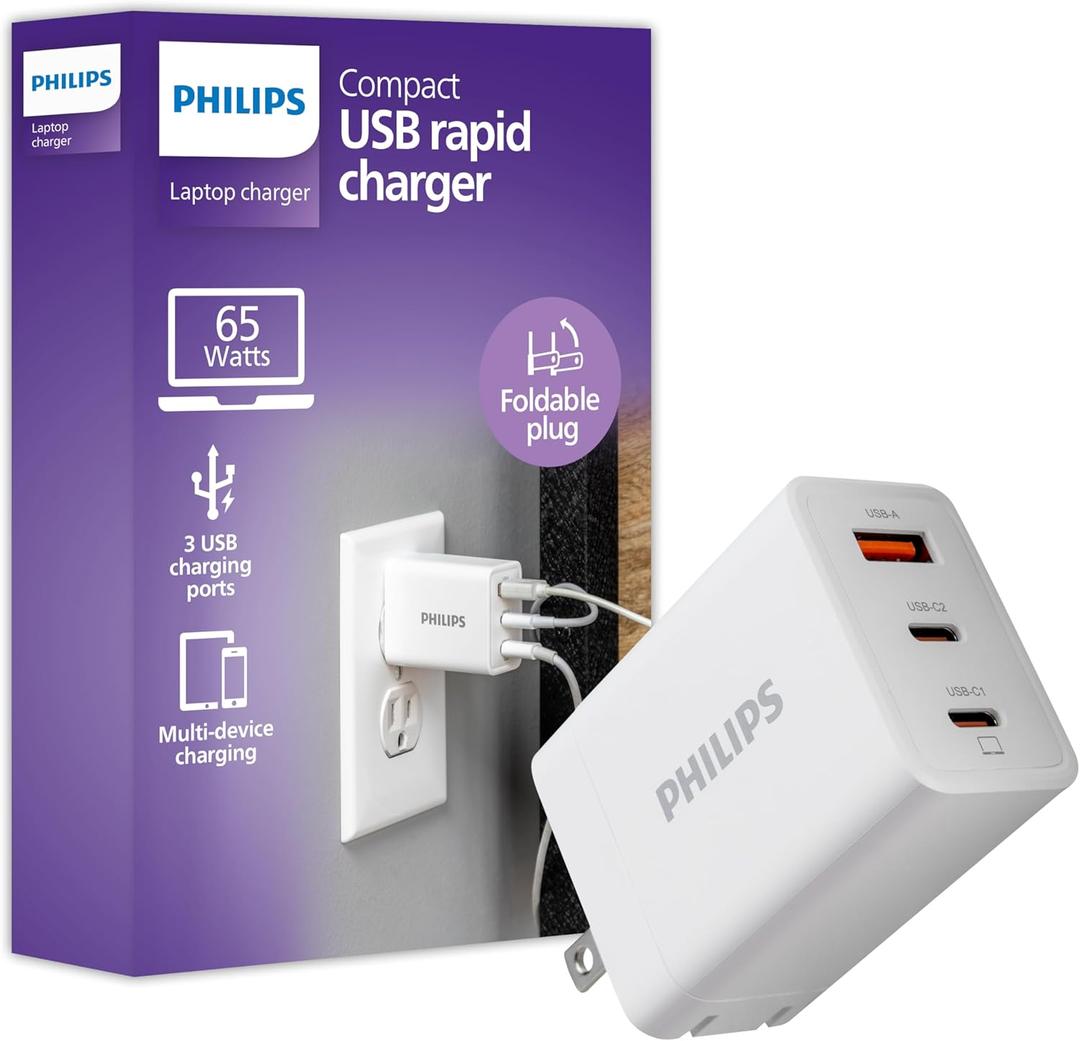 Philips iPhone Charger Fast Charging, 65W USB C, 3-Port GaN Charger Block with USB A, Foldable Fast Wall Charge for iPhone 16 Series, 15 Series, iPad Pro, White, DLP3653W/37