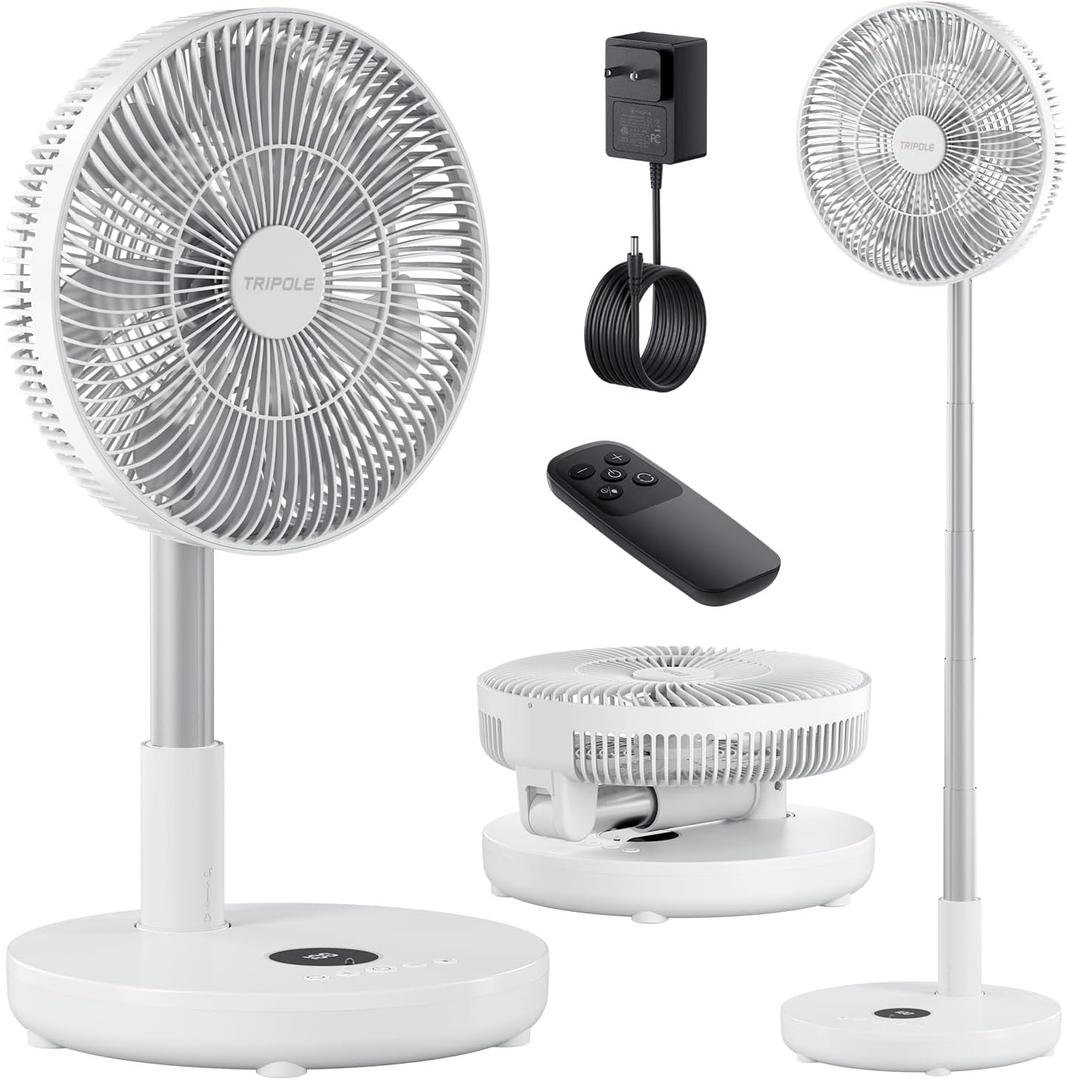 TriPole Oscillating Fan Portable Quiet Standing Fan with Remote, 12" Rechargeable Pedestal Fans for Bedroom Office, Foldable Battery Powered Travel Fans, Adjustable Height, 8H Timer, 6 Speeds, 44.4Wh (Pure White)