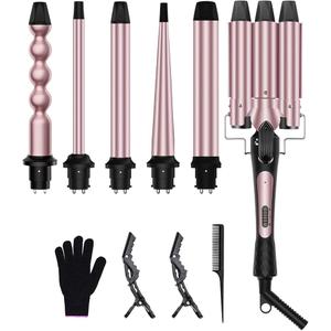 6 in 1 Curling Iron, Curling Wand Set with 3 Barrel Hair Crimper and 5 Interchangeable Ceramic Hair Curler (0.35"-1.25”), Instant Heat Up 2 Temp Wand Curler, Include Heat Protective Glove & 2 Clips