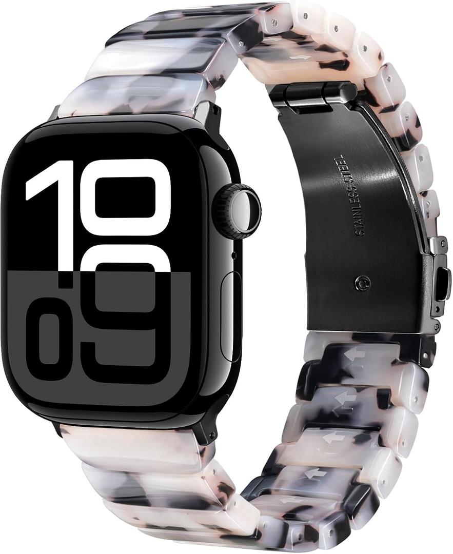 V-MORO Resin Band Compatible with Apple Watch Series 11/10 41mm/40mm/38mm/42mm Women Men Fashion Strap for iWatch Series 9/8/7/6/5/4/3/2/1/SE/SE 2 Lightweight Bracelet (Classic Ivory Tortoise-Black)