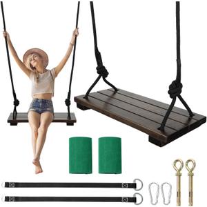 Wooden Tree Swing, 440lbs Load Capacity Heavy-Duty Wooden Swing Seat for Adults & Kids, Climbing Rope Tree Straps 118 inch for Backyard, Garden, Playground