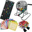 Deluxe Bingo Game Set,Bingo Set Includes Metal Cage,600 Mixed Color Plastic Chips,100 Large Cards,75 Bingo Balls,Plastic Masterboard, 2 Velvet Bag,Great for Adults Large Group and Parties