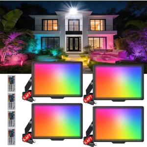 50W LED Flood Light Outdoor with Remote 4 Pack, RGB 5000K Daylight Color Changing Christmas Floodlight, Dimmable Timing IP66 Waterproof Landscape Light, DIY RGBW Uplight for Halloween Stage Party