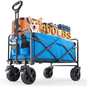 Sweetcrispy Collapsible Foldable Wagon Cart, Large Capacity Garden Beach Cart with All-Terrain Wheels, Heavy Duty Utility Grocery Wagon with Drink Holders for Shopping Sports Camping (170L, Light Blue)