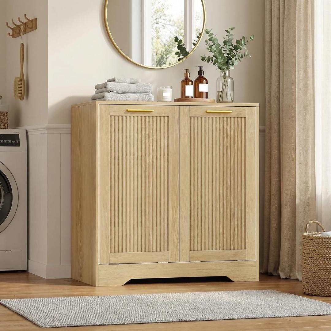 Laundry Hamper Cabinet, Small Tilt-Out Bathroom Storage Unit with Narrow Hidden Basket Chest Bathroom Cupboard, 25.6" x 13.7" x 26.7"