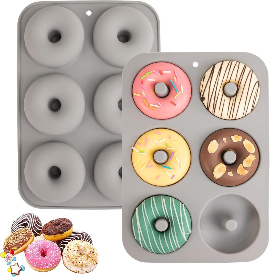 Aichoof Silicone Donut Mold for 6 Doughnuts, Set of 2. Food Grade LFGB Silicone Bagels Baking Pan, Non-Stick, Dishwasher Safe, Heat Resistant and Microwave Safe, (Gray)