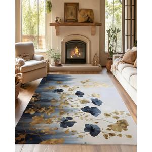 Blue Gray Flower Area Rug for Living Room, Non-Slip Backing Low Pile Modern Abstract Rug for Indoor Use, 5x7 Washable Carpet