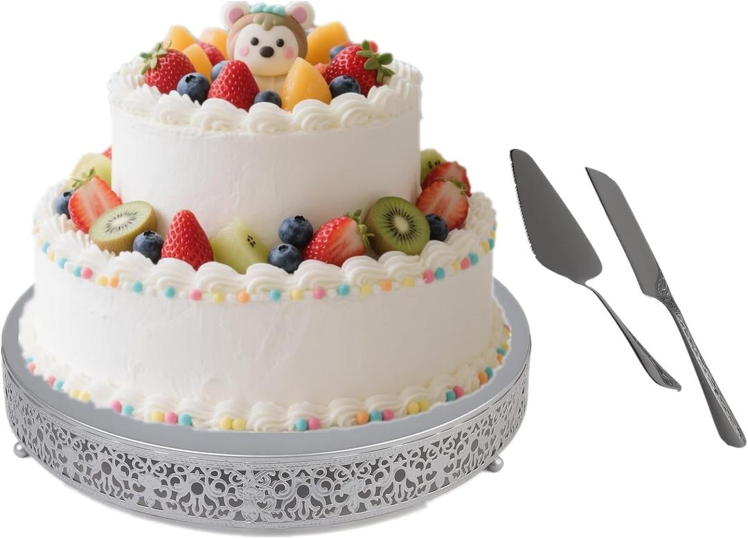 MTJYQTF Silver Cake Stand Set - 16 IN Metal Round Cupcake Dessert Stand with Cake Cutting & Cake Spatula for Party, Candy Table Display for Wedding Birthday Baby Shower Housewarming Party CS003-16pan