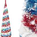 5FT Pop Up Christmas Tree with 5m Multi-Color 50 LED String LightsTinsel Christmas TreeCollapsible Artificial Pencil Tree Xmas Decoration for Home, Office, Party, Easy Assembly (Red,White,Blue)