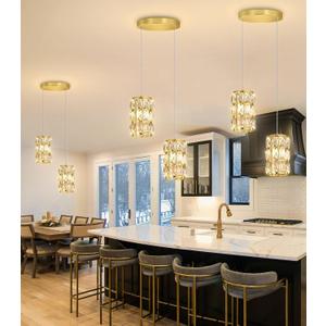 2-Lights Modern Crystal Pendant Lights for Kitchen Island LED Dimmable Glam Pendant Lighting Chandelier for Dining Room Hallway Corner Lamp Gold