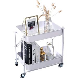 Melody House 2-Tier Metal Folding Rolling Cart, Mobile Utility Cart Trolley Storage Organizer for Office Home Kitchen Organization, Sofa Side End Table with Wheels, White