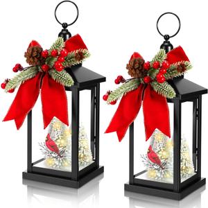 Tuanse 2 Pcs Christmas Decorative Lanterns Metal Christmas Hanging Lighted Lantern Vintage Cardinal Decorative Holiday Decorations Gifts with LED Lights for Indoor Outdoor Home Table Porch