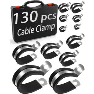 130PCS Cable Clamp Assortment Kit, 12 Sizes 304 Stainless Steel Wire Clips with Rubber Cushion, Pipe & Hose Clamps for Wiring, Plumbing, Fuel Injection Line, Automotive & Mechanical Use