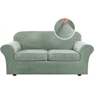 H.VERSAILTEX Real Velvet Plush 3 Piece Stretch Sofa Covers Couch Covers for 2 Cushion Couch Sofa Slipcovers Width Up to 90 Inch Thick Soft Stay in Place (Large Sofa, Sea Grass)