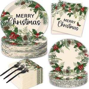 200Pcs Merry Christmas Paper Plates and Napkins Tableware Set Xmas Trees Winter Disposable Holly Pine Cone Plates Napkins for Christmas Holiday Home Party Supplies and Decoration, 50 Guests