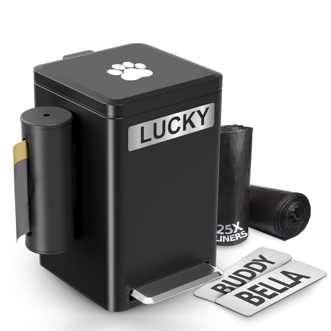 Dog Poop Can Outside, 6L Metal Outdoor Dog Waste Bin with Lid & Soft Close Pedal, Pet Waste Container with Charcoal Filter, Removable Inner, Bag Holder, Stickers & Custom Name Plate