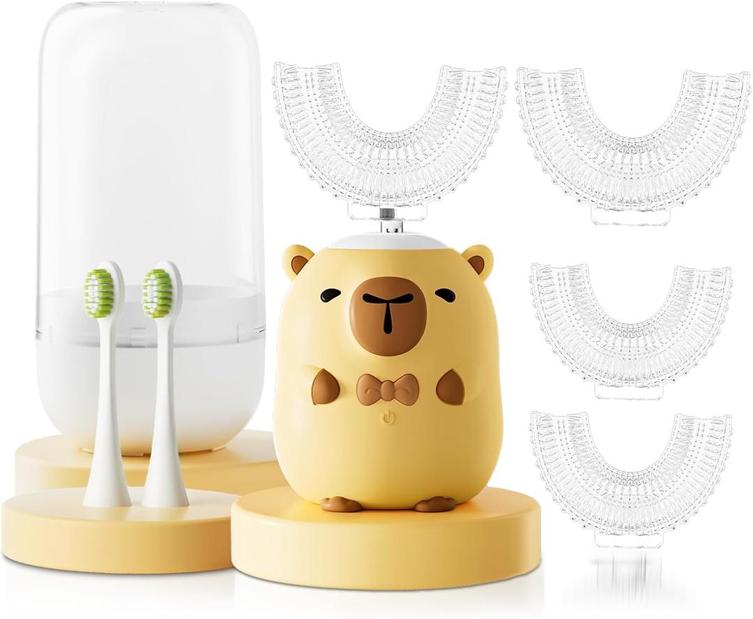 Kids Electric Toothbrush U Shaped - Cartoon Capybara with 6 Brush Heads Full Mouth Degree Cleaning Sonic Toddler Automatic Toothbrush with IPX7 Waterproof (Yellow 2-14 Years)
