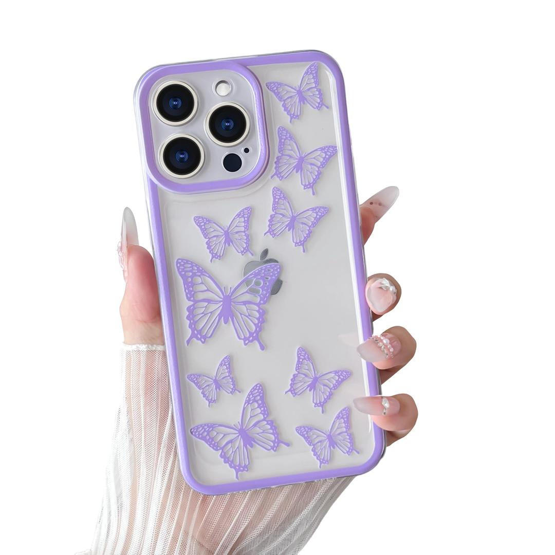 Yeddabox Compatible for iPhone 14 Pro Case Butterfly Cute Phone Case Transparent Full Camera Protection Soft TPU Shockproof Cover for Women Girls - Purple