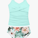 Girls Swimsuit 2 Piece Bathing Suit Criss Cross Ruched Girl Tankini Sets Printed Girls' Swimwear for 9-18 Years 15-16y