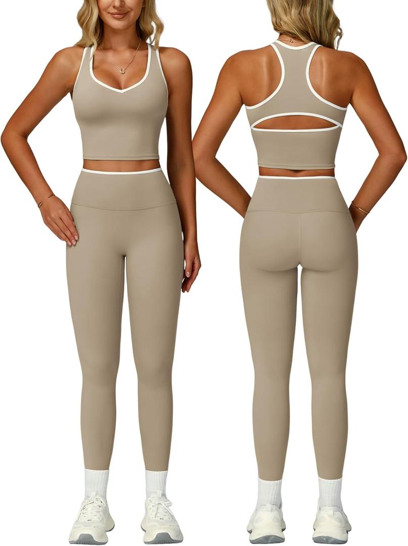 QBGJTD Womens Workout Set Two Piece Racerback Color Block Tank Tops Matching High Waist Leggings Gym Work Out Outfits (Beige, S)