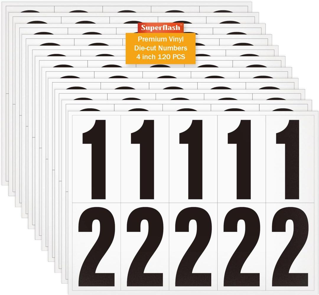 4 inch Adhesive Numbers for Mailbox, Vinyl Reflective Mailbox Number Stickers, 120 Pcs Self Adhesive Number Decals, Pre Spaced Number Signs, for Outside, House, Trash Cans Decal , Cars, Door (Black/White)