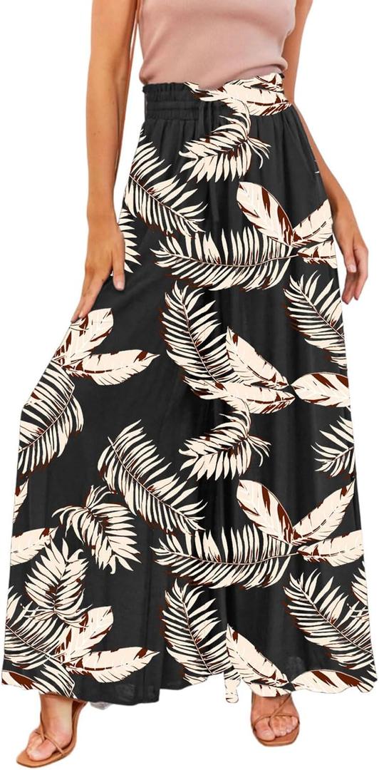 YOCUR Women Summer Beach Vacation Pants High Waisted Wide Leg Pants Printed Loose Flowy Casual Palazzo Lounge Trousers (X-Large, A02-floral Black)