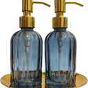 2PCS Soap Dispenser Set with Stainless Steel Tray, Thickened High-Gloss Blue Glass Bottle and Gold Stainless Steel Pump for Bathroom Kitchenblue soap Dispenser and Gift
