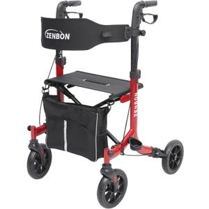 Rollator Walker for Seniors/Adults Foldable Rolling Walker with Seat 330 lbs Capacity 4 Big 8 inch Wheels Hand Grips Adjustable Height Lightweight Aluminum Walker Removable Back Support 7209(Red)