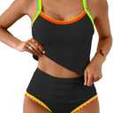 Eomenie Tankini Swimsuit for Women Tummy Control Ruched Two Piece Bathing Suits High Waisted Shell Stitch Swimwear M