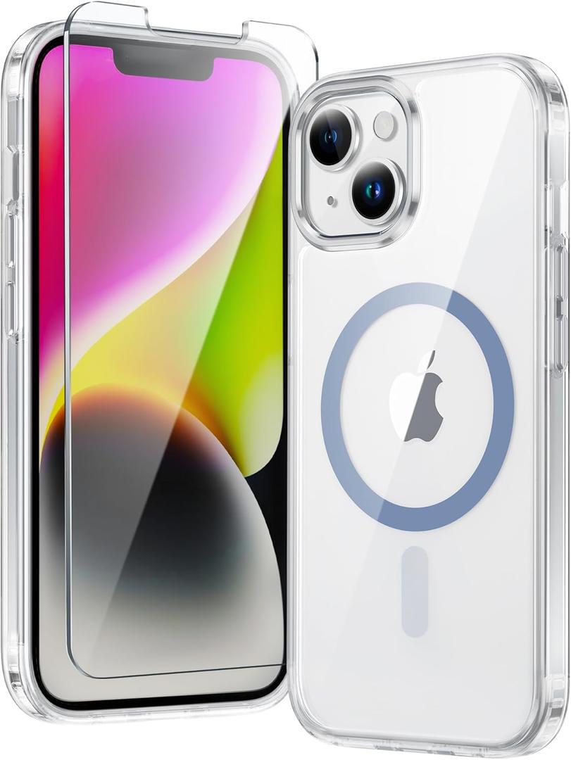 FNTCASE for iPhone 13 Phone Case: Clear Phone Case Magnetic Military Grade Drop Protection Anti Yellowing Cell Phone Cover- Rugged Shockproof Protective Bumper (D-Blue Magnetic)