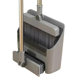 Broom with Dustpan Combo Set, 3 in 1 for Sweeping Indoor and Push Broom Outdoor with Dust Pan, 14.2 to 48.8 inch Adjustable Long Handle Broom and Dustpan Set (Light Grey)