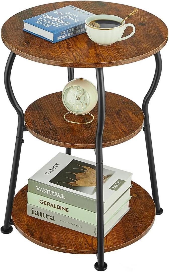 Round Chair Side End Table, 3 Tier Round Couch End Table Bedroom Chair Side Tables Small Night Stand Accent Tables for Small Spaces (D - 15.8 IN, Rustic Brown + Classic Black)