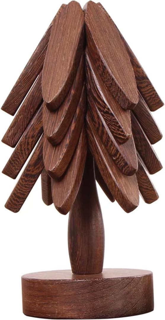 Wooden Placemats - Tree Washer Set, Wooden Pinwheel Coaster Set with Stand for Easy Storage - for Fondue pots, Pans, Bowls, teapots, Warming Trays - Versatile Decorations (B Walnut 4 pcs)