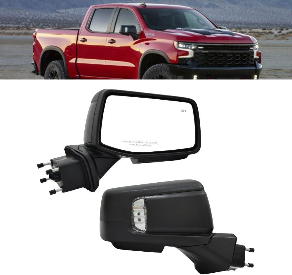 For Chevrolet Silverado 2019-2024 Door Mirror with Textured Black Cover Power Heated Manual Folding with Turn Signal Light Puddle Light Blind Spot Glass and Temp Sensor 10P Passenger Side RH