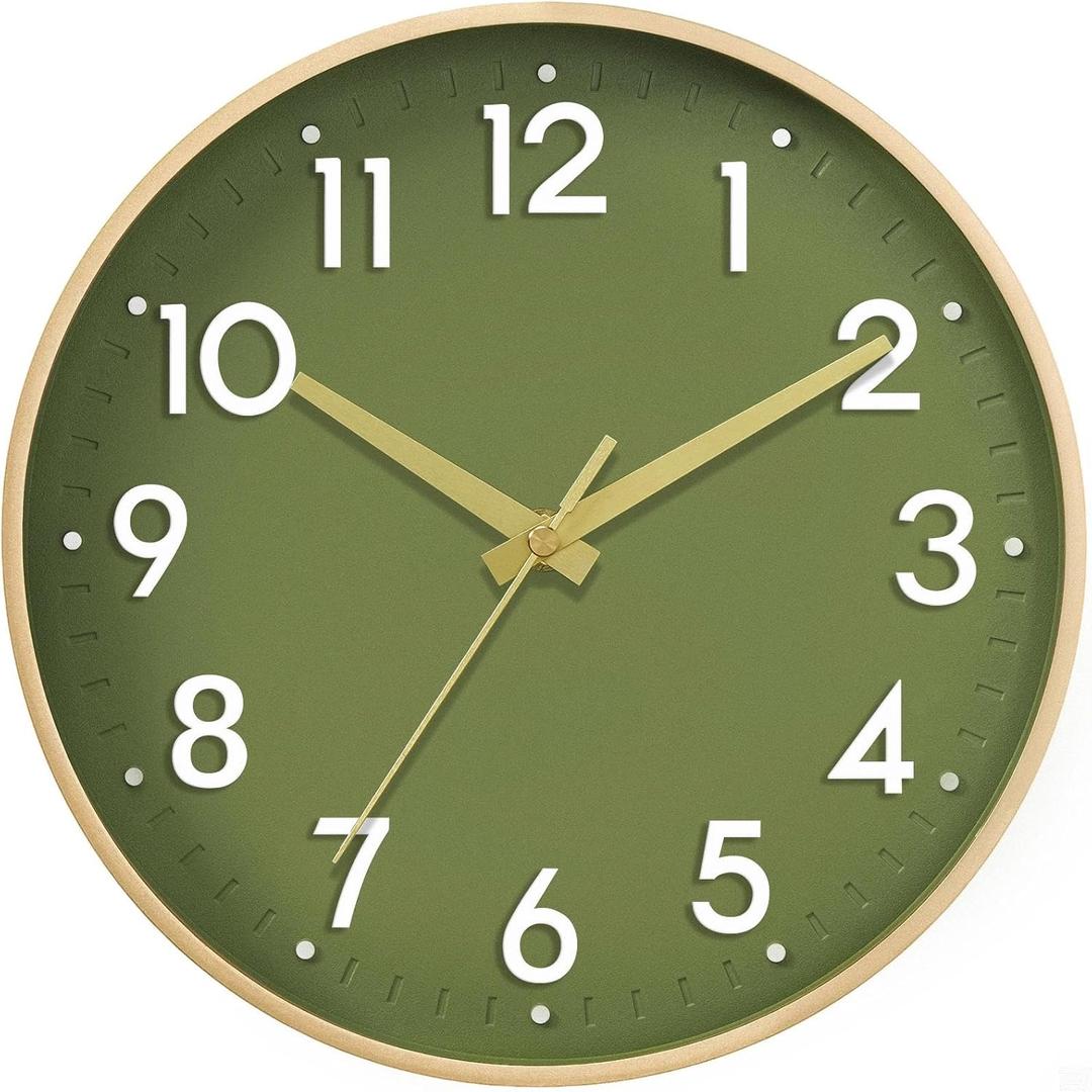 Mosewa Wall Clock 12 Inch, Battery Operated Non-Ticking Analog Clock Decorative for Kitchen, Bedroom, Office, Home(Gold)