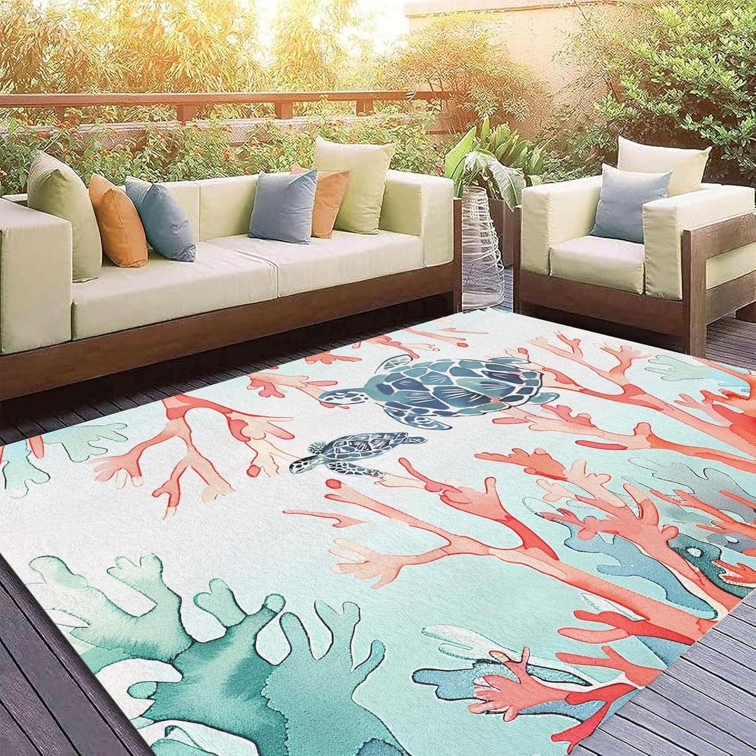 Ocean Coral Rugs,2x3ft Beach Carpet Red Blue Coral and Green Seaweed Printed Rugs,Ocean Themed Carpet for Bedroom Living Room Children's Room Cute Pink Non Slip Floor Mats (1.1)