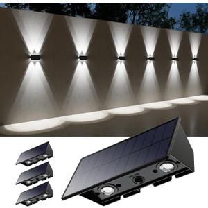 4 Pack Solar Powered Wall Lights for Outside Up and Down Fence Mount LED Outdoor Decorative Waterproof Lamps for Porch, Deck, Patio, Yard, Gate, 4 Lenses Designed for Accent Lighting (Cool White)