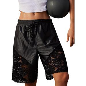 Vhitler Lace Satin High Waisted Bermuda Shorts Cute Basketball Shorts Y2k (Medium, Black)