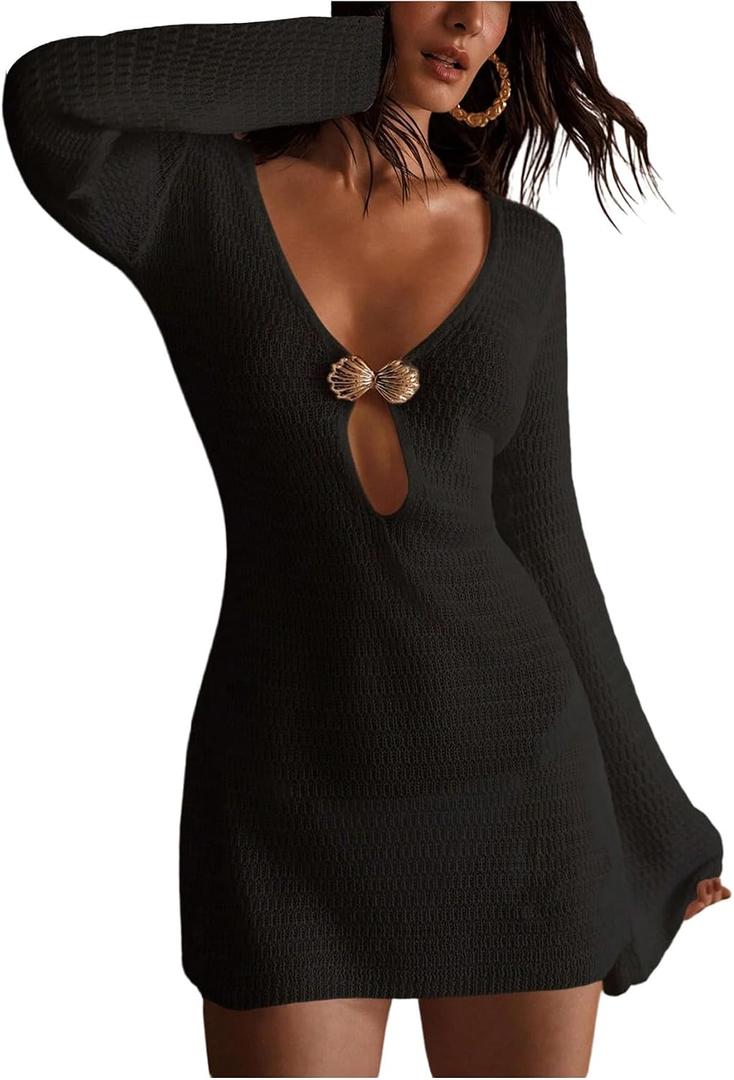 SOLY HUX Women's Crochet Swim Cover Up Long Sleeve Deep V Neck Swimsuit Dress Beach Bathing Suit Pure Black Large (Black)