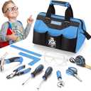 REXBETI 10-Piece Kids Tool Set with Real Hand Tools, Blue Durable Storage Bag, Children Learning Tool Kit for Home DIY and Woodworking, 6+ Years Old Birthday Gift
