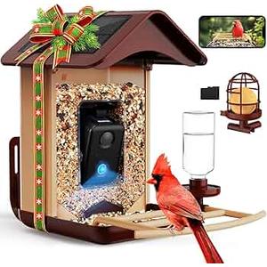BIRDLEGEND-BL03 Bird Feeder with Camera Solar Powered, 2K Clarity 3:4 Portrait Free AI Identify Arrival Alerts with 64GB Card Smart Cameras Birds Feeders Wireless Outdoor Gift for Bird Lover (Red)