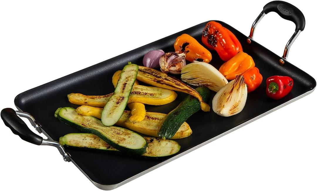 IMUSA 17x10in Aluminum Black Ceramic Double Burner Griddle with Cool Touch Handles, Nonstick Flat Grill Pan for Pancakes, Eggs, Bacon, and More, Black