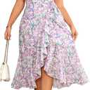 EYWOL Plus Size Wedding Guest Dress for Women, Floral Chiffon Midi Wrap Dress, Flutter Sleeve High Waist Flowy Summer Dresses (Purple, M)