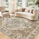 Area Rug 5x7 Vintage Rug: Washable Indoor Medallion Rugs Low Pile Distressed Floor Carpet Retro Accent Rug for Living Room Bedroom Kitchen Dining Table Home Office(Brown/Blue, 5'x7')